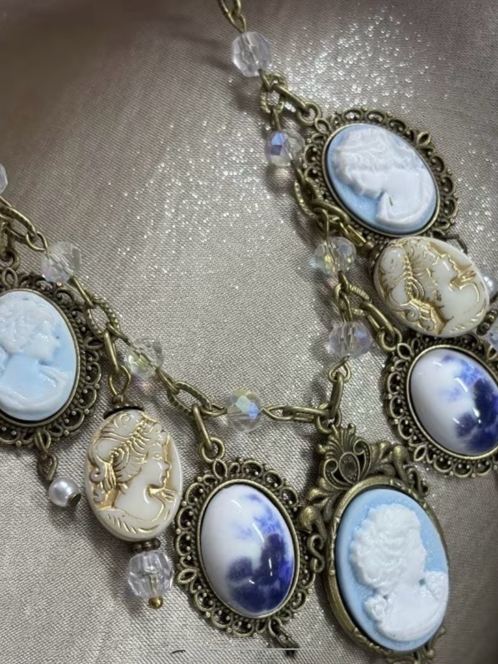 Antique-Style Blue & White Cameo Statement Necklace - Women Jewelry